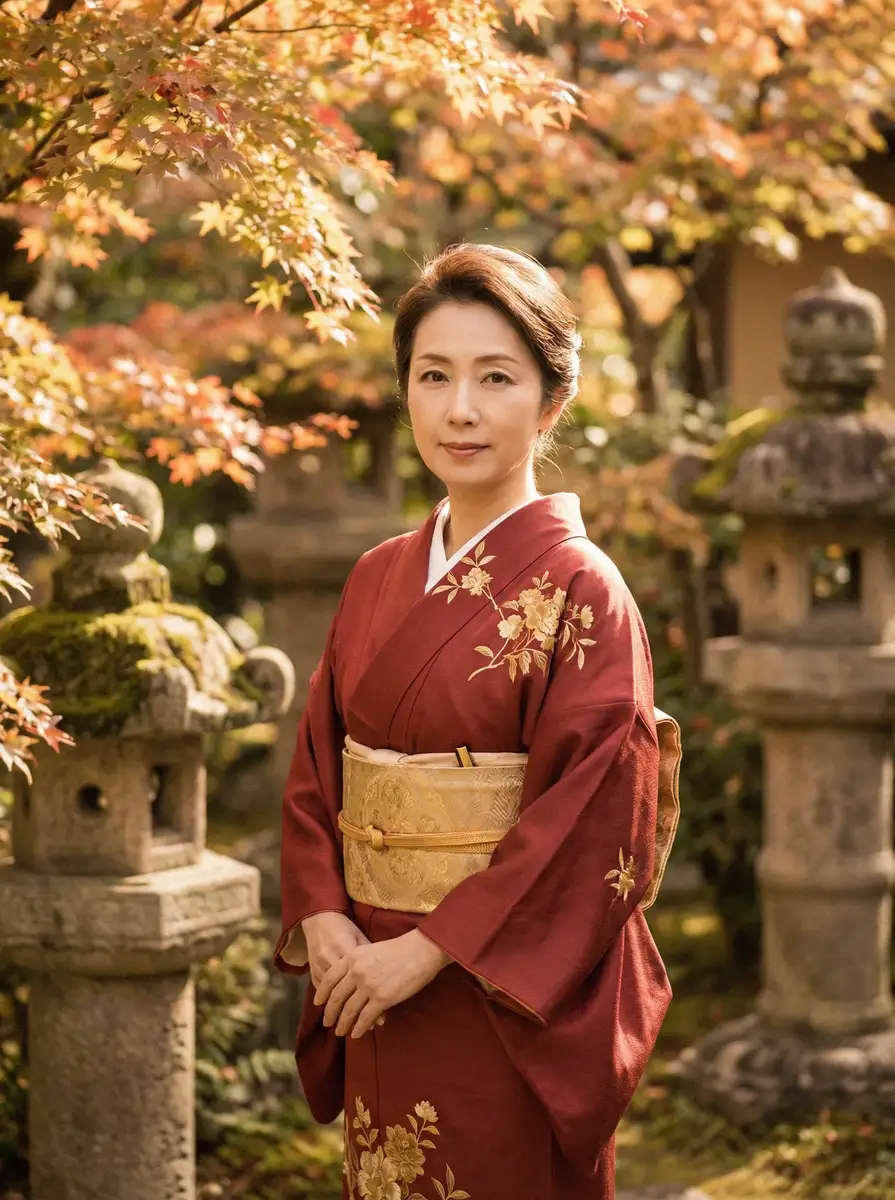 一位身穿暗红色和服的优雅 妖精直播官方 在日式庭院中